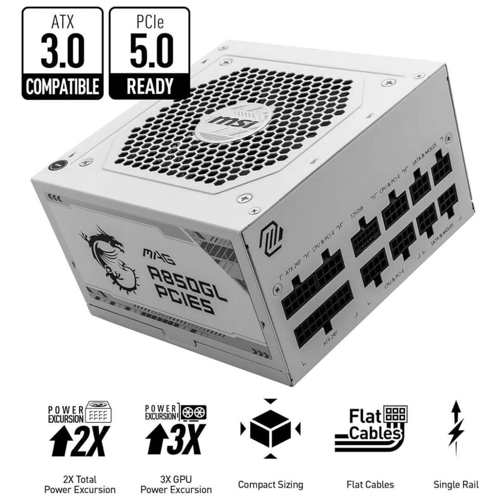 MSI MAG A850GL PCIE5 850W 80+ Gold Fully Modular ATX 3.0 PSU – White