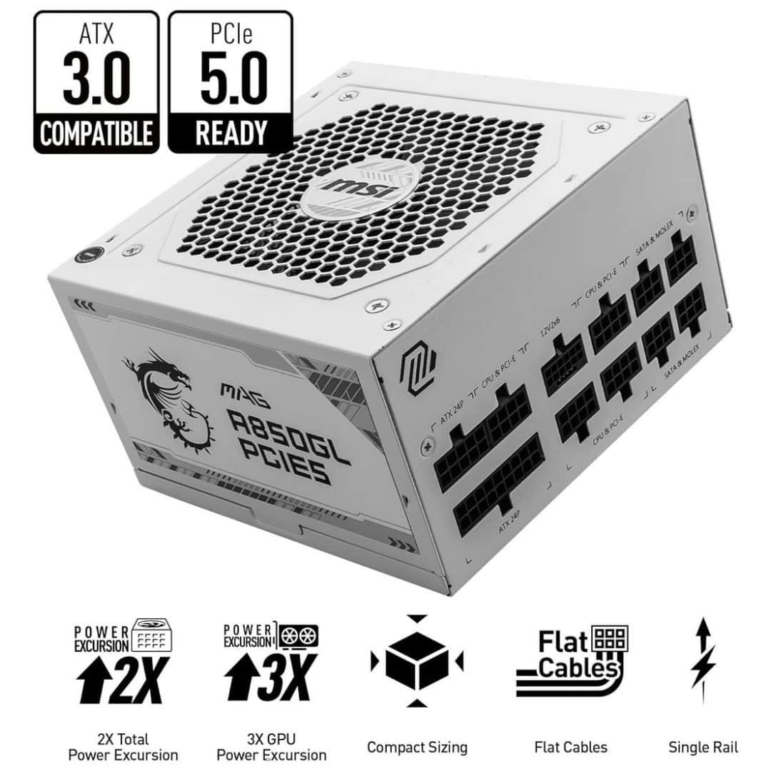 MSI MAG A850GL PCIE5 850W 80+ Gold Fully Modular ATX 3.0 PSU – White