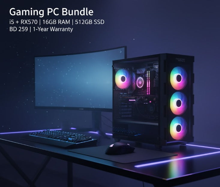 Ready Gaming PC — i5-9400 + RX 570 8GB • 16GB RAM • Dual SSD (118GB + 500GB) + Samsung 24" + Redragon Kit — 1-Year Warranty | Gamers Point Bahrain