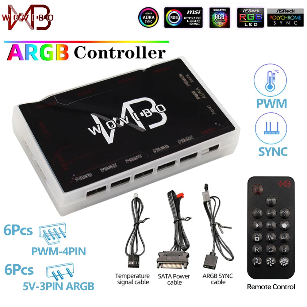 Wovibo ARGB Controller Computer Case Fans HUB 1 To 6 Adapter 5V 3pin SATA Power Chassis LED CPU Water Cooler Control - BAHRAIN