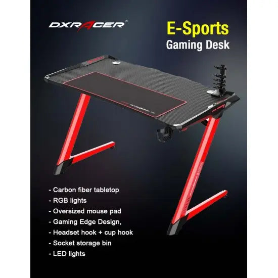 DXRacer E-Sports Gaming Desk – Carbon fiber tabletop,RGB lights,Oversized mouse pad,Gaming Edge Design, Headset hook + cup hook, chair Gamers Point 78.000 