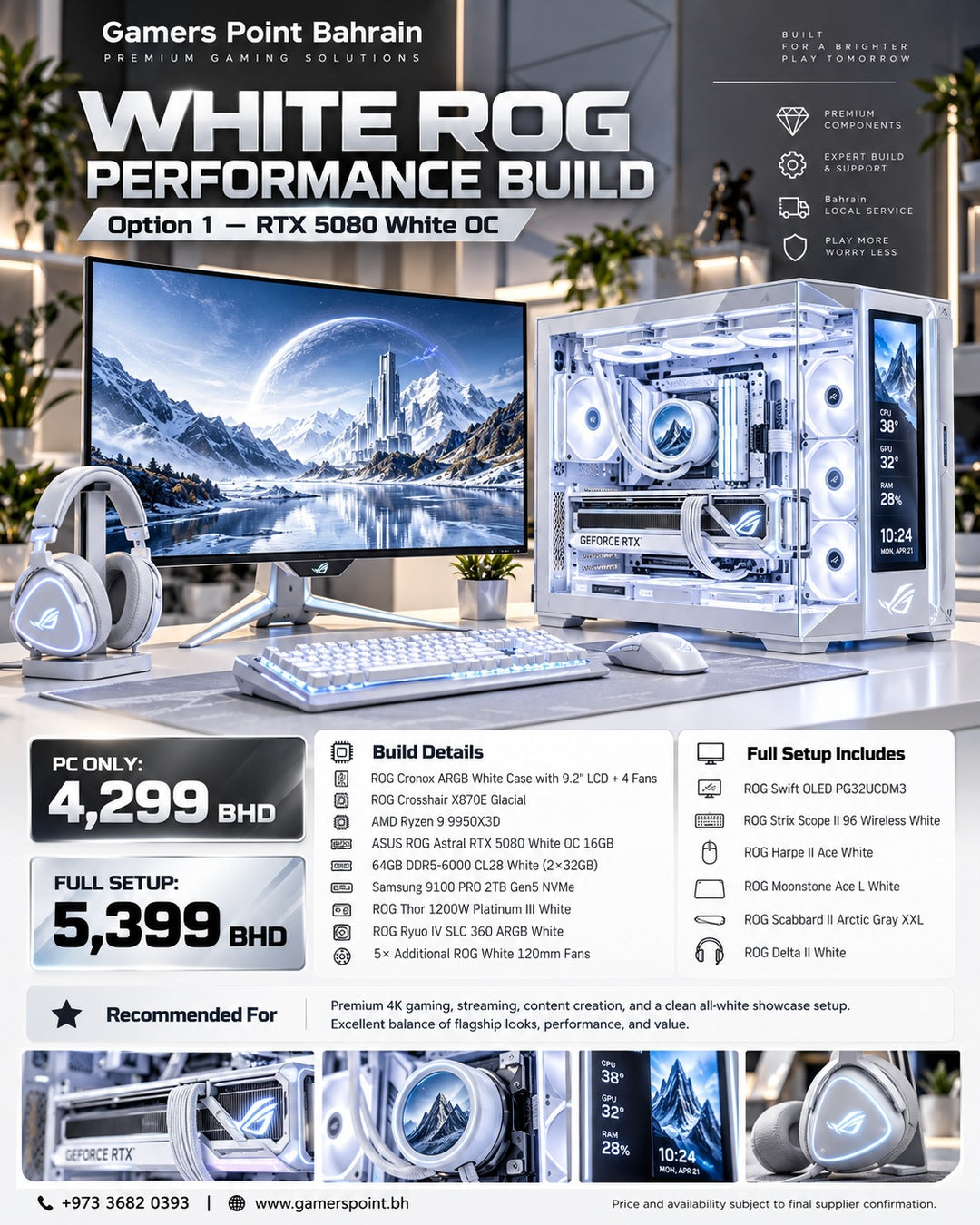 AI-generated marketing concept image of the Gamers Point RTX 5080 white gaming PC package, illustration only