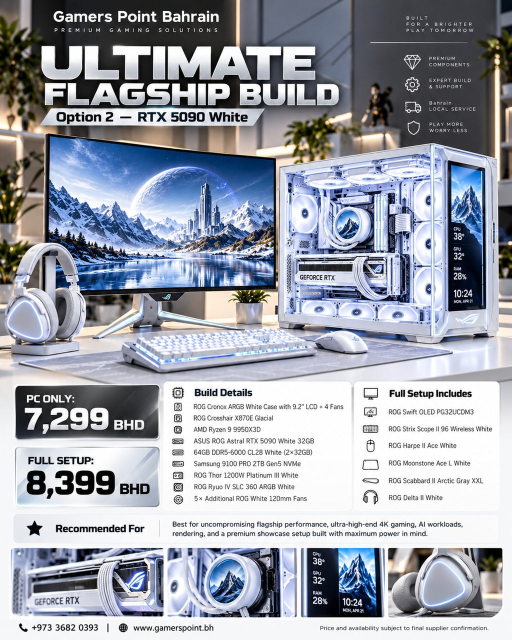 AI-generated marketing concept image of the Gamers Point RTX 5090 white gaming PC package, illustration only