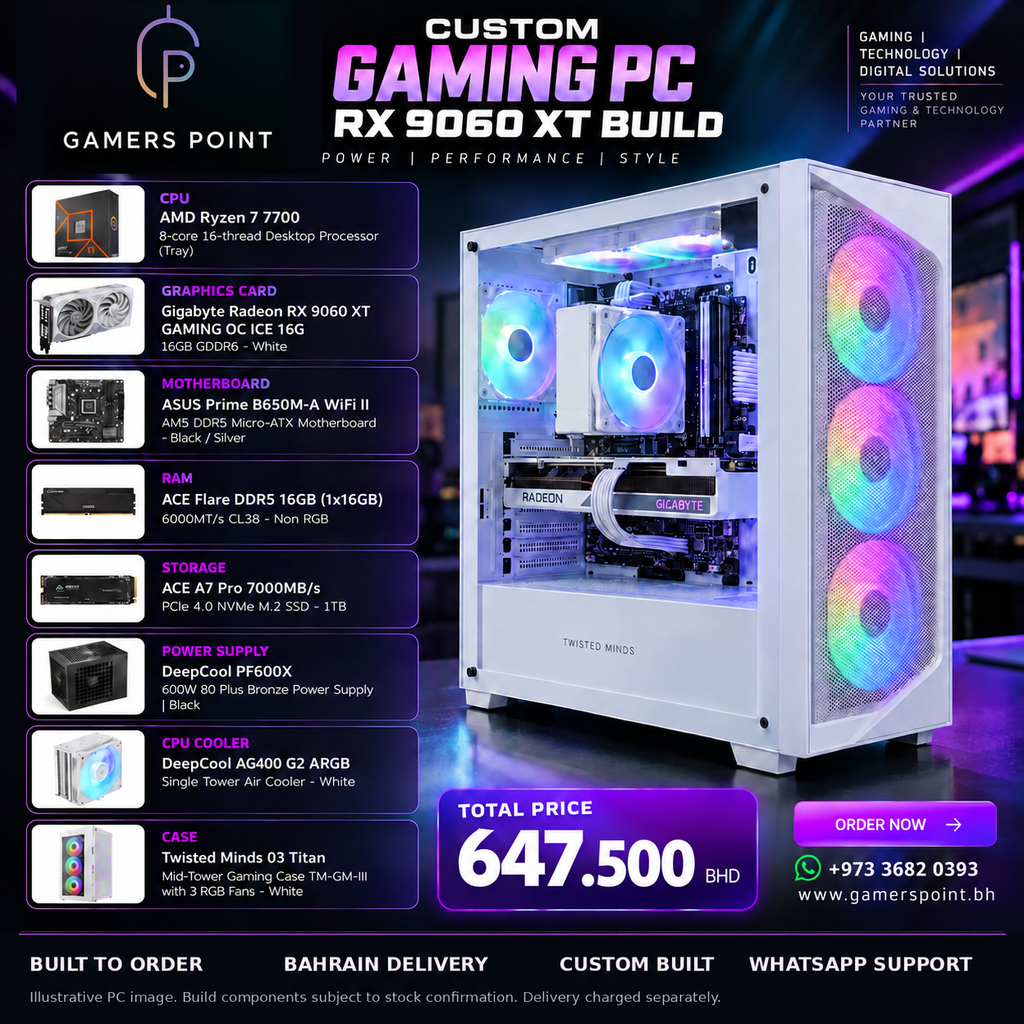 Gamers Point Ryzen 7 7700 RX 9060 XT White Gaming PC, complete specification and special price 647.500 BHD
