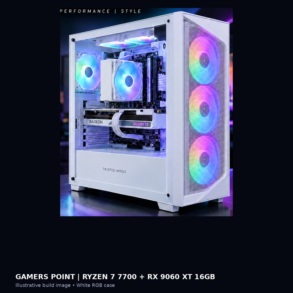 Gamers Point custom white Ryzen 7 7700 Radeon RX 9060 XT 16GB gaming desktop illustrative hero image