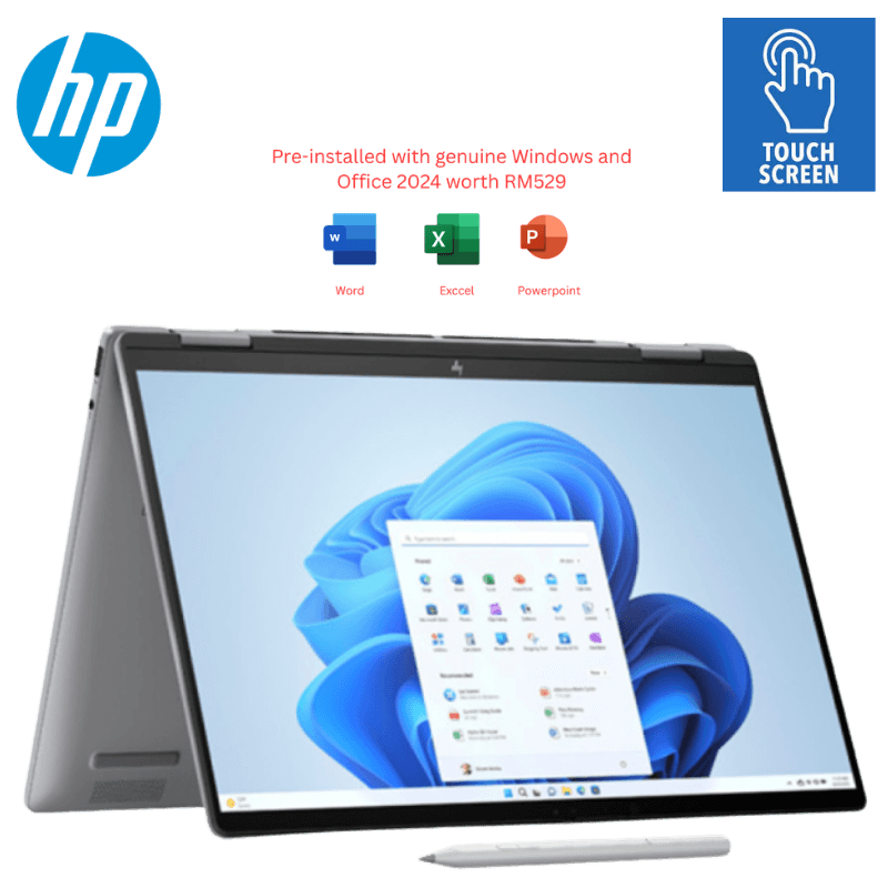 HP Envy X360 14-Fa0141AU 14” 2K Touch 2-In-1 Laptop Meteor Silver (Ryzen 5 8640HS, 16GB, 512GB SSD, ATI, W11, HS+M365) | supplier reference image; publishing permission pending