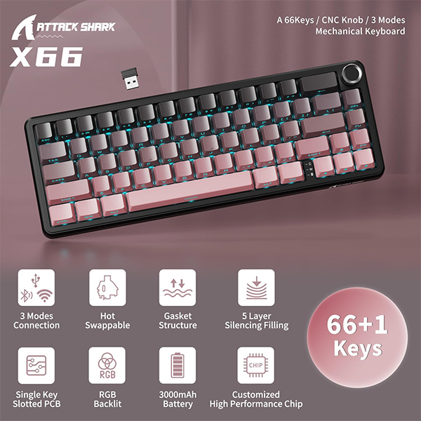 Attack Shark X66 RGB Strawberry Switch Tri-Mode Keyboard Blackberry