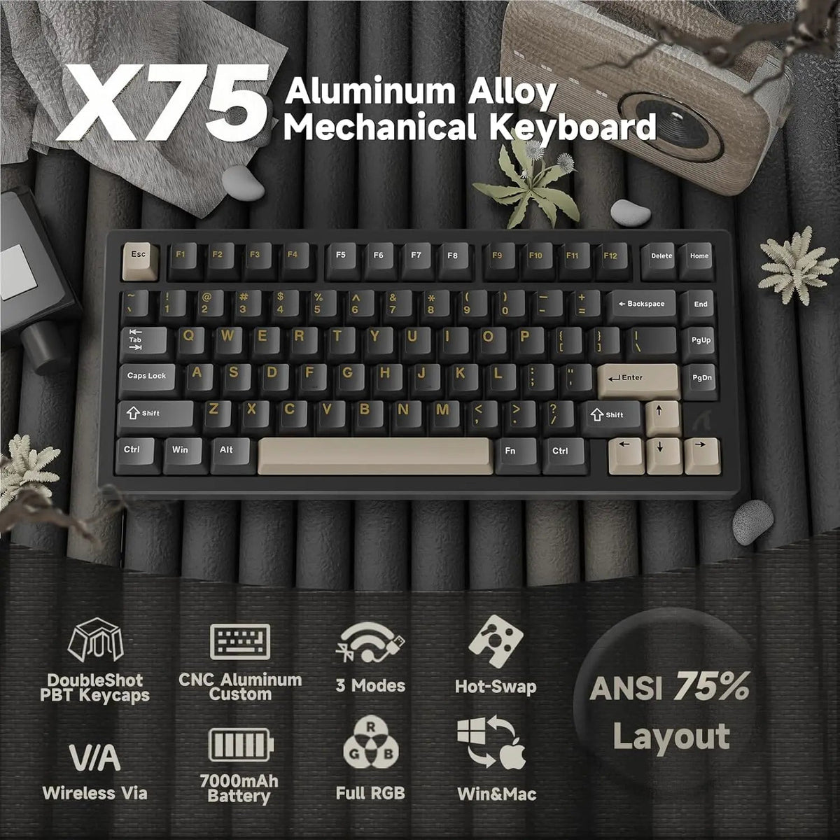 Attack Shark X75 RGB Crystal Switch CNC Aluminum Wireless Mechanical Keyboard Black