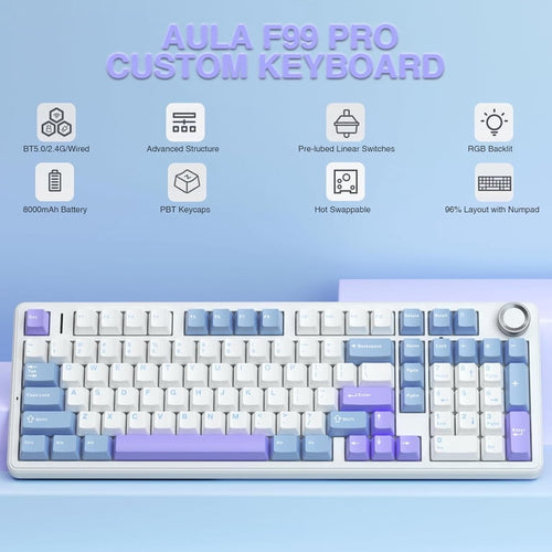 AULA F99 Pro Wireless Mechanical Keyboard Purple Star Vector Light Blue White Black