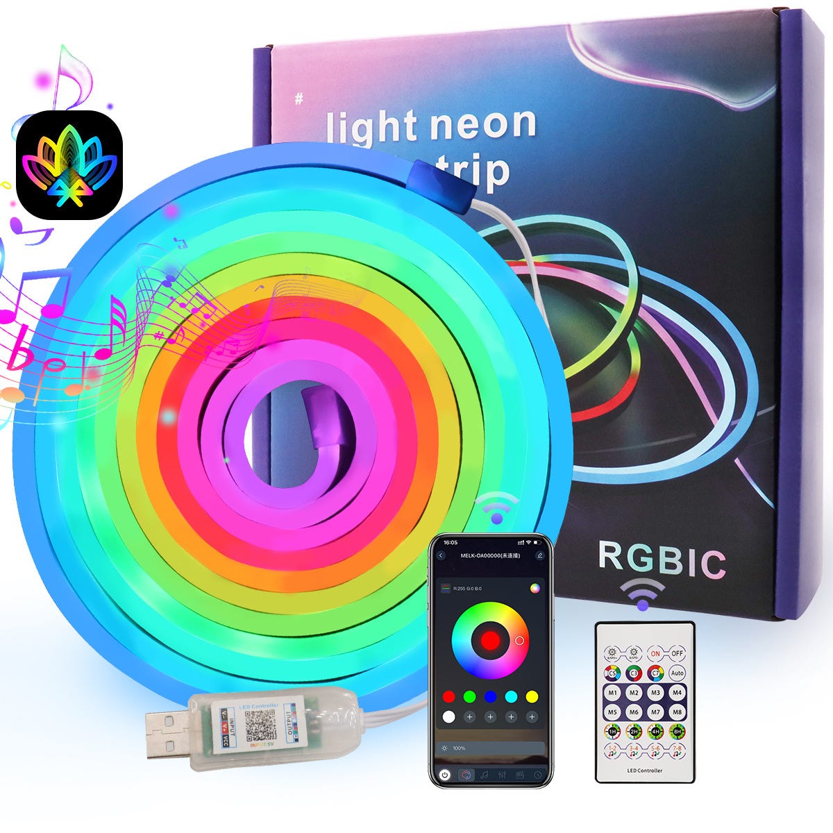 RGB LED Neon Light Strip with Remote and USB Power - 400cm