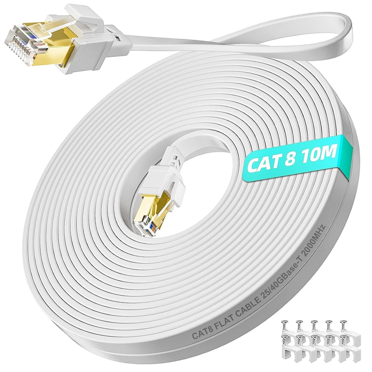 Cat8 Ethernet Flat Cable White - 10m